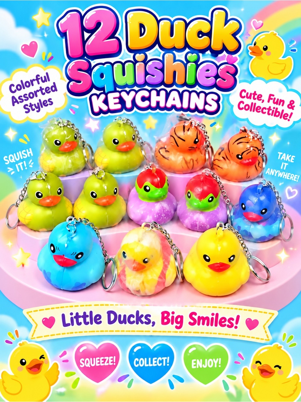 12-Pack Colorful Kids Duck Squishies Keychains - Assorted Bright Colors